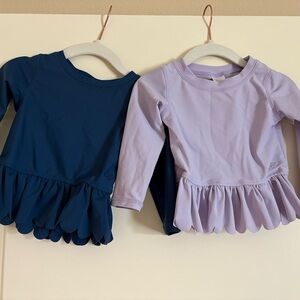 Ruffle Butts Blue and Purple Rashguard Swim Tops with Ruffle Hem